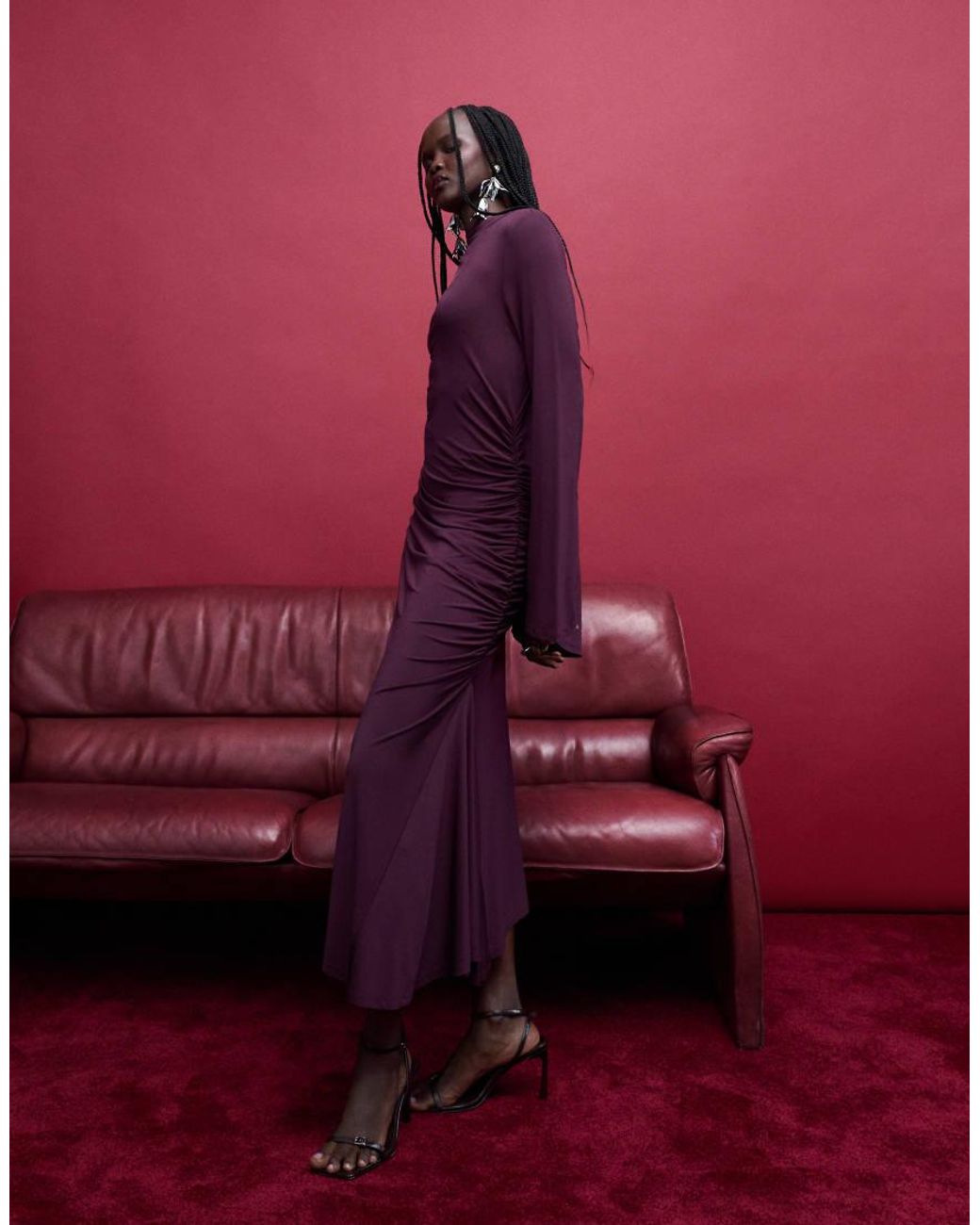 & Other Stories Red High Neck Long Sleeve Soft Twisted Midi Dress