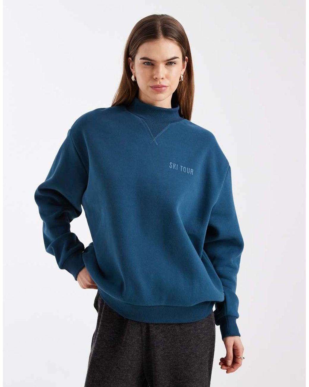 Cotton On Blue Plush Mock Neck Sweatshirt With Ski Tour Graphic