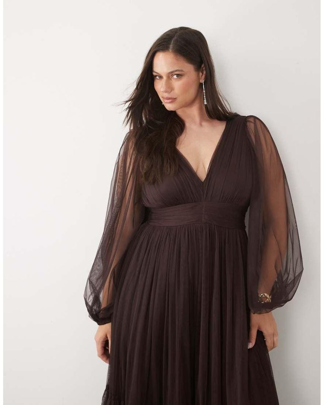 Lace & Beads Plus Brown Bridesmaid Tulle Sheer Sleeve Plunge Neck Tiered Maxi Dress