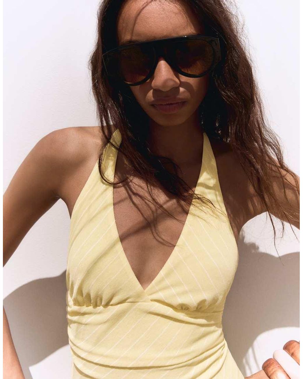 Bershka Natural Striped Mini Halter Dress