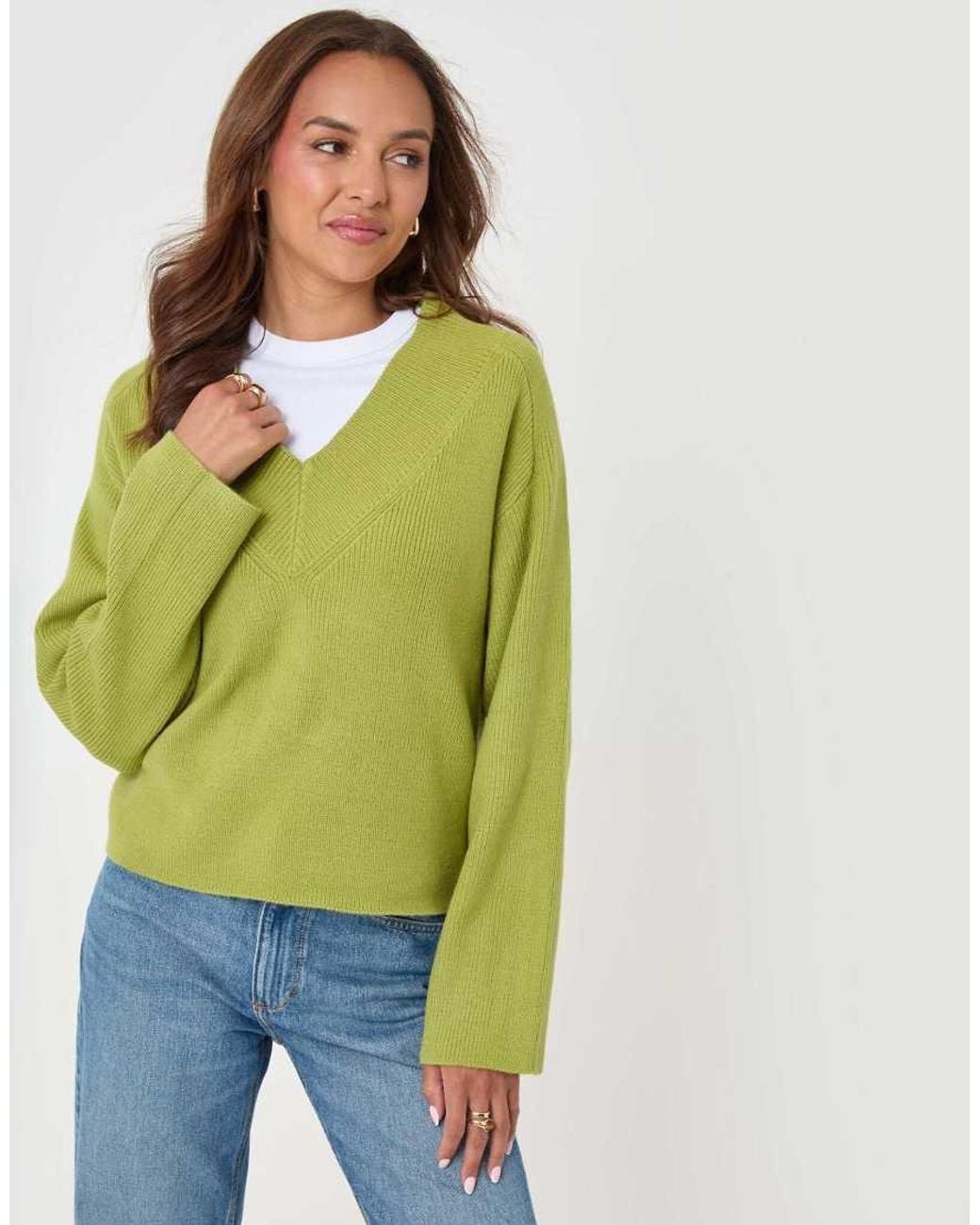 Threadbare Green Deep Rib V-Neck Jumper