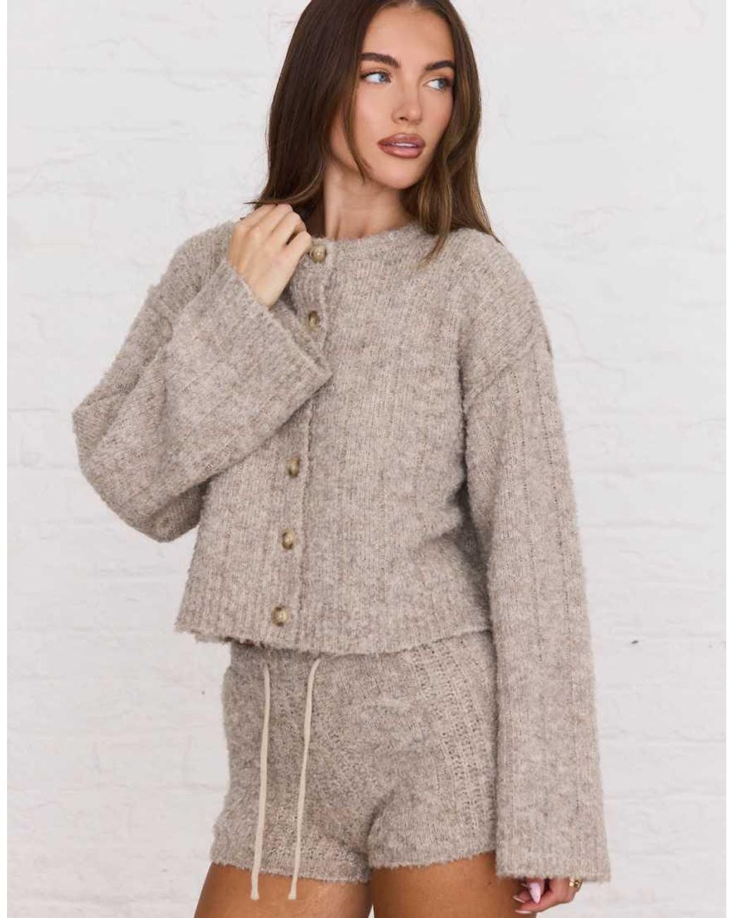 Aria Cove Gray Slouchy Ribbed Knit Wide Sleeve Cardigan Co-Ord