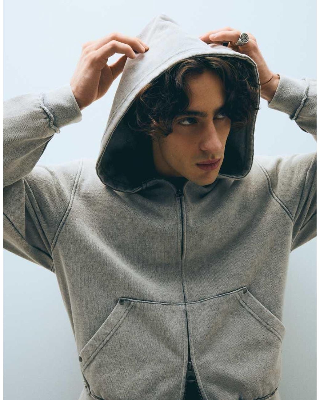Bershka Gray Studded Zip-Up Hooded Sweatshirt for men