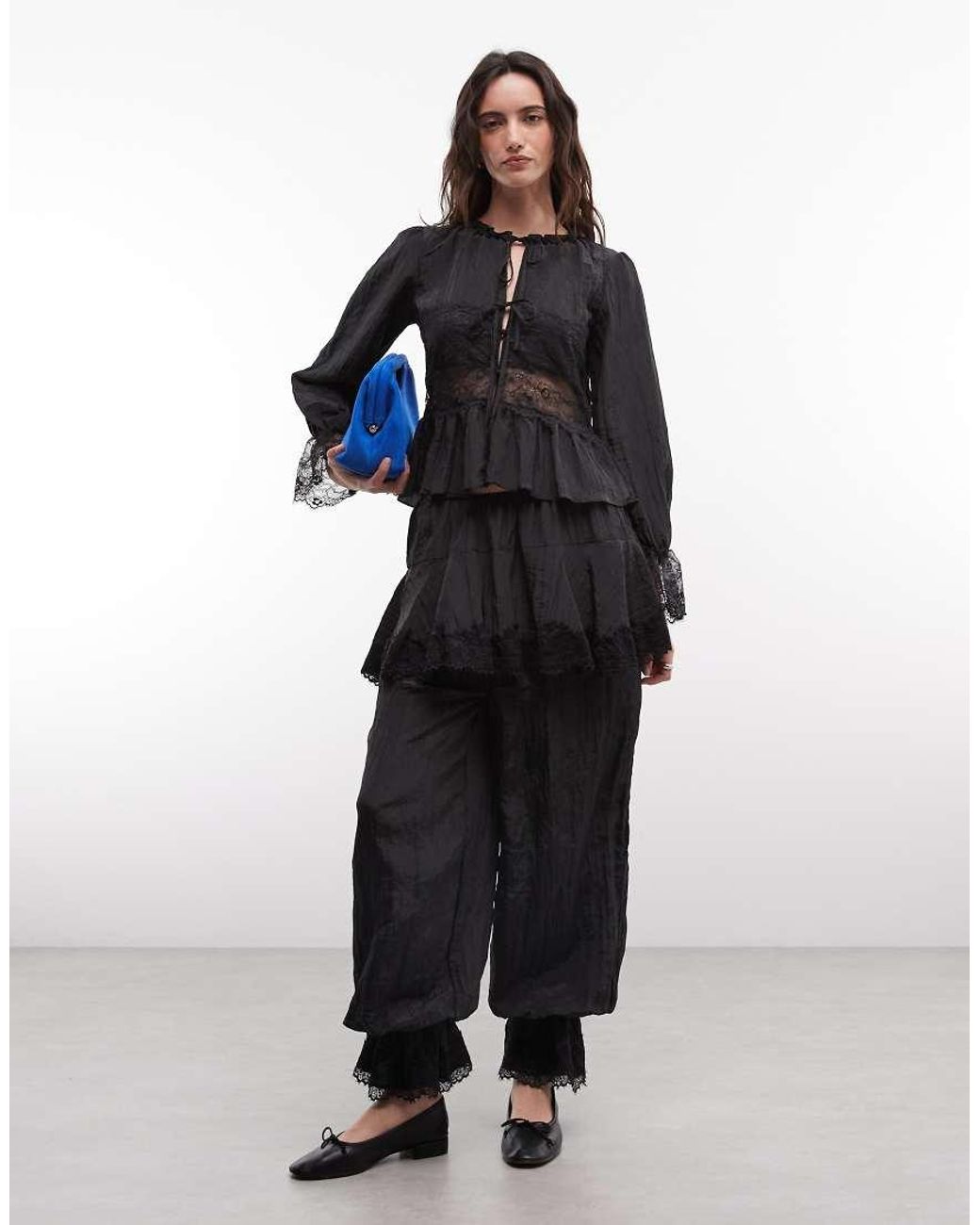 Daisy Street Black Boho Lace Insert Tie-front Blouse