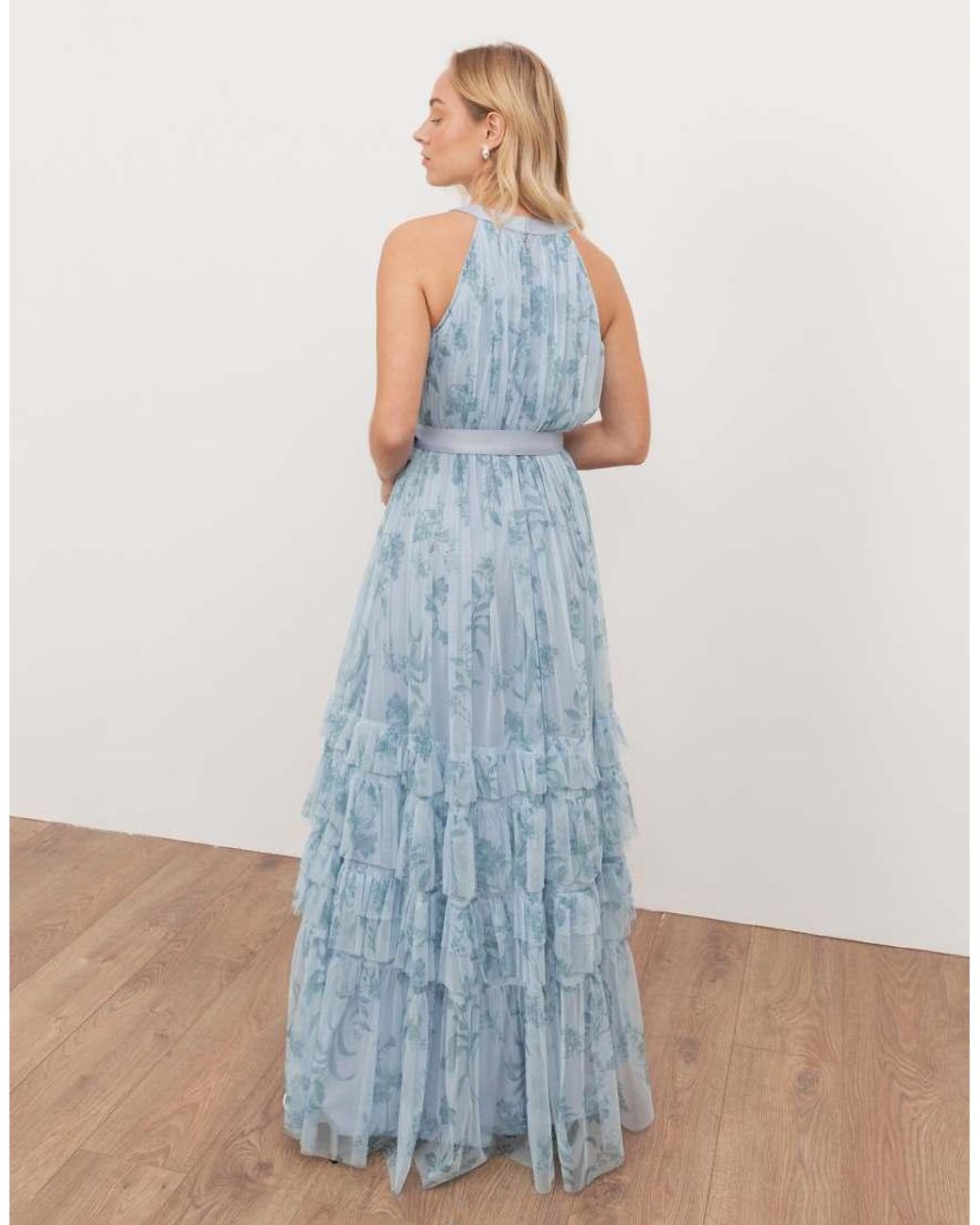 ANAYA Blue Floral Halter Neck Ruffle Tulle Maxi Dress