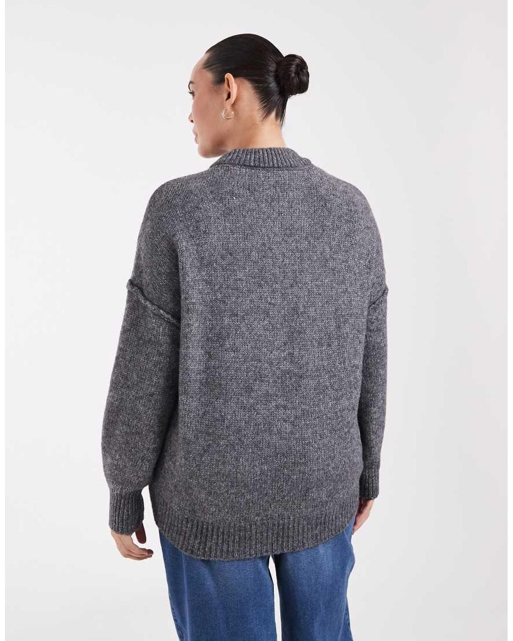 Noisy May Gray Boxy Drop Shoulder Crew Neck Knit Jumper With Exposed Seams