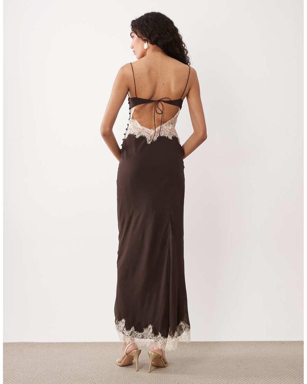 ASOS Brown Asos Design Tall Corset Slip Maxi Dress With Lace And Side Slit