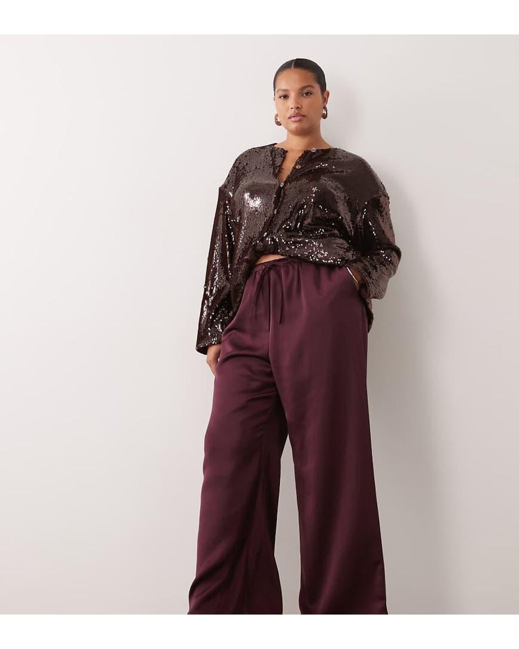 Pretty Lavish Curve Red Satin Drawstring Wide Leg Pants