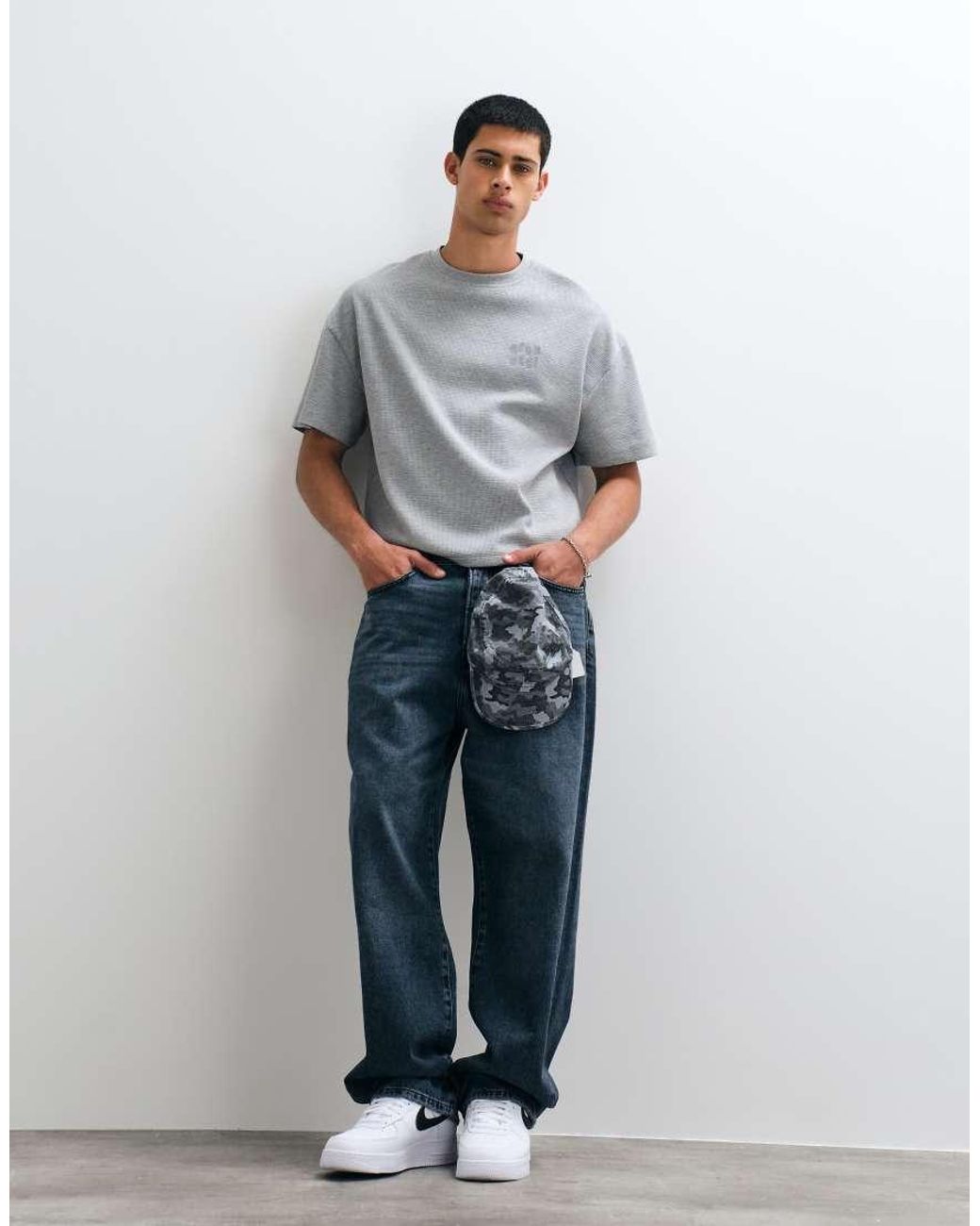 CERNUCCI Gray Waffle Boxy Fit T-Shirt With Chain Stitch Logo Back Print for men