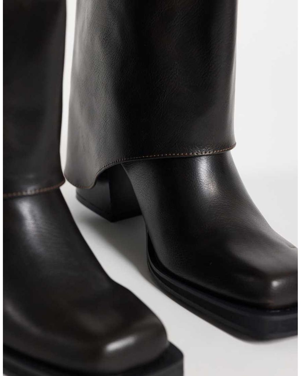 Public Desire Black Rocky Foldover Square Toe Knee Boots