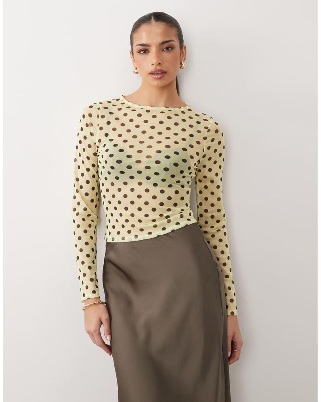 ASOS Natural Printed Mesh Long Sleeve Top