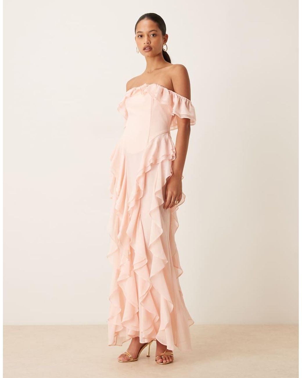 True Decadence Pink Bardot Ruffle Maxi Dress