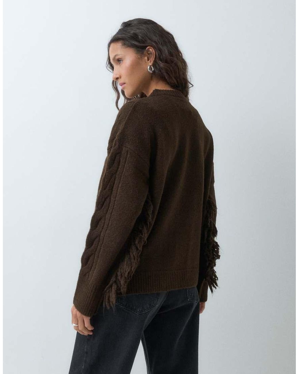 ASOS Brown Knitted Fringe Cable Jumper