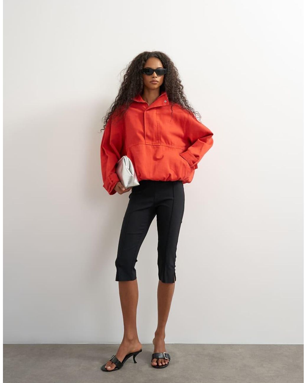 TOPSHOP Red Denim Funnel Neck Bubble Hem Top