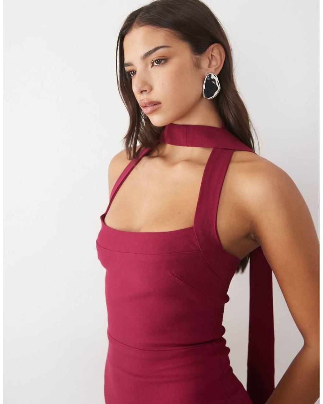 Vesper Red Bengaline Halter Neck Drape Detail Maxi Dress