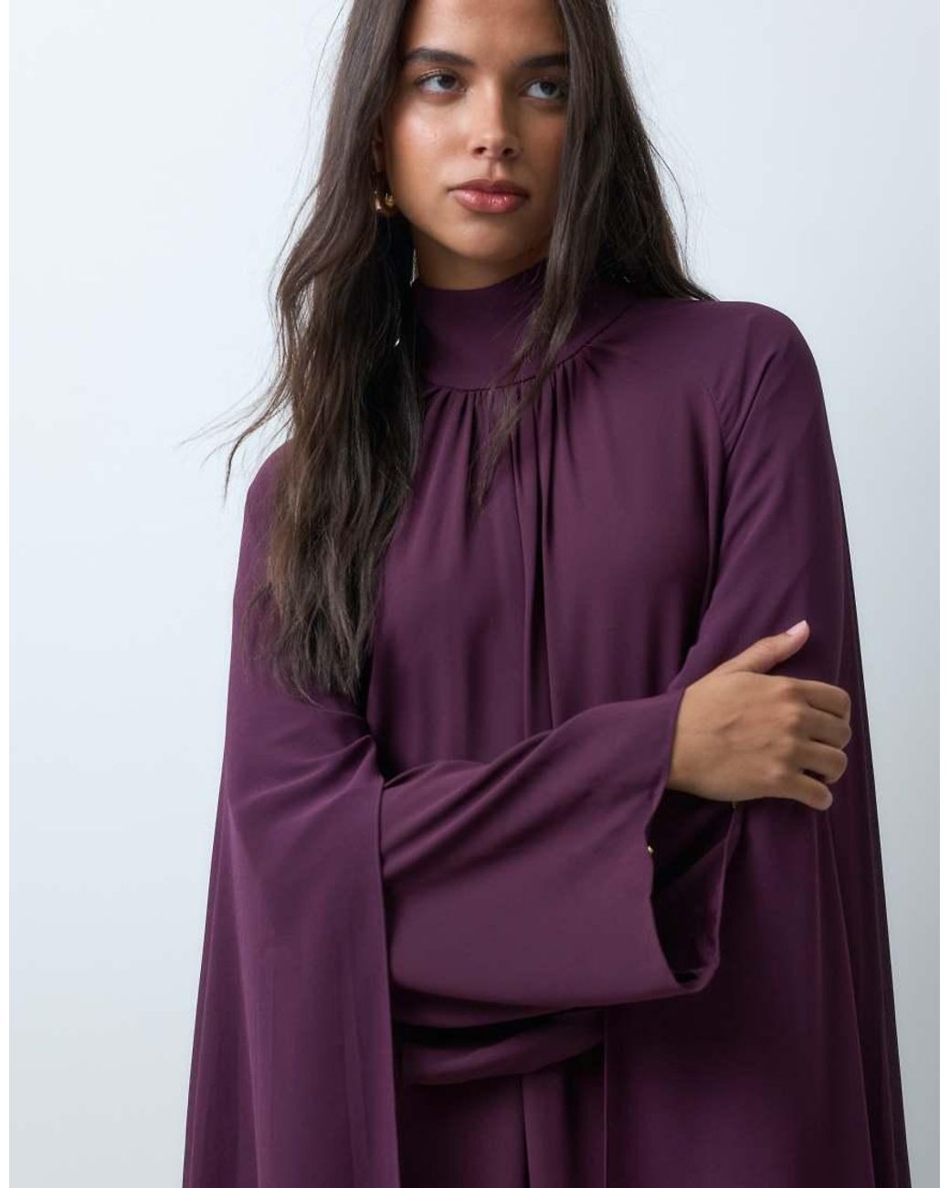 Iyal Purple Chiffon Crepe High Neck Boho Caped Kaftan Maxi Dress
