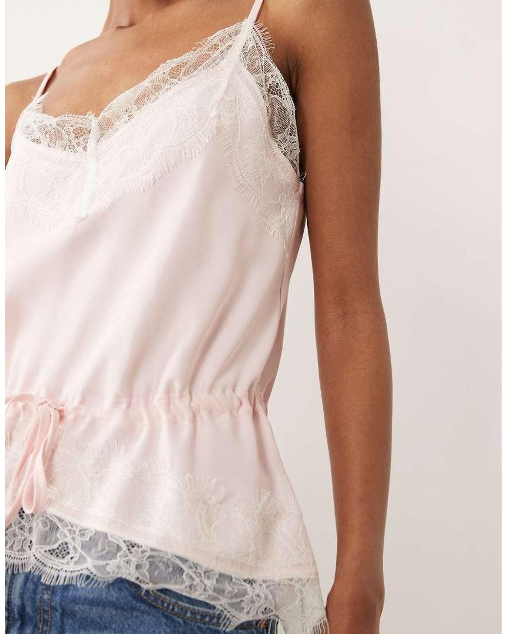 ASOS Pink Satin Lace Trim Tie Waist Cami Top