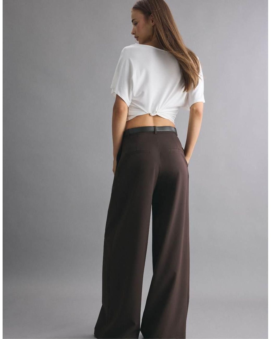 Stradivarius Black Wide-leg Darted Trousers With Belt