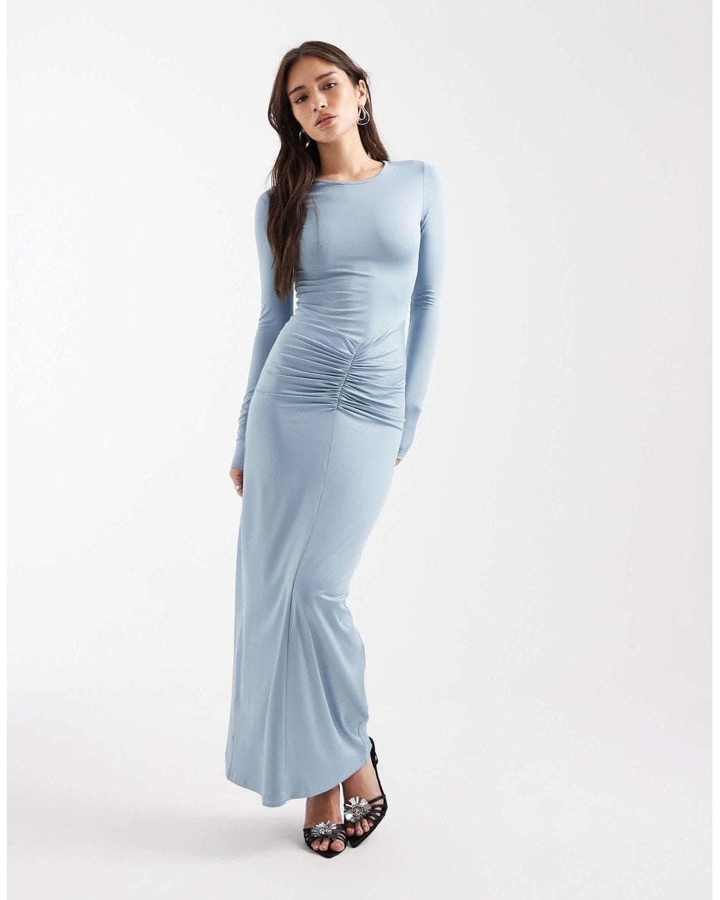 4th & Reckless Blue Long Sleeve Ruched Front Maxi Dress