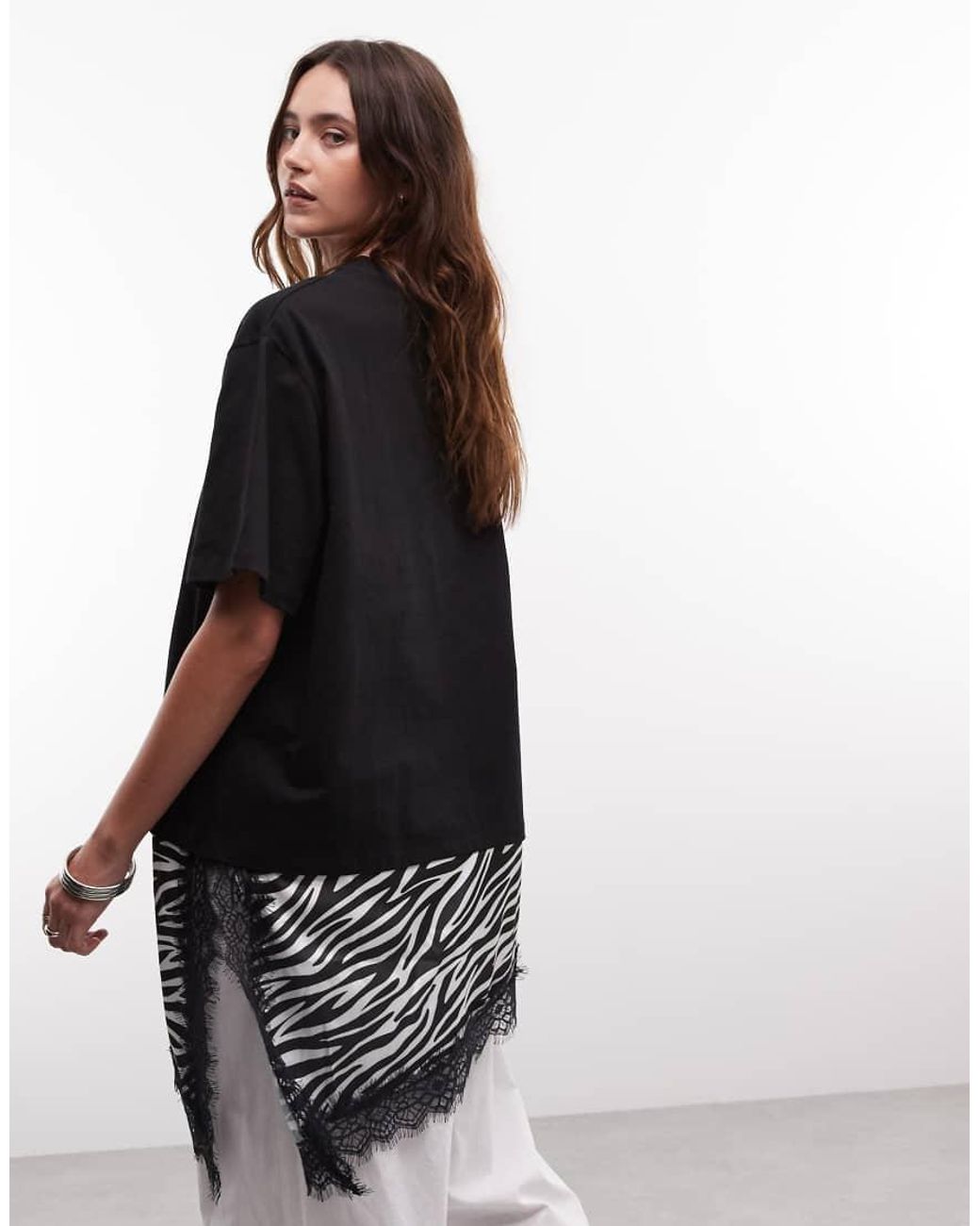 Noisy May Black Oversized T-shirt With Asymm Satin Lace Hem Underlay