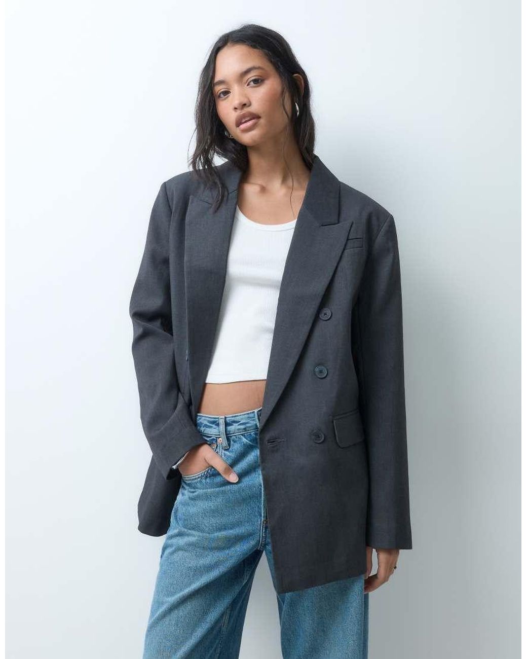 ASOS Blue Tailored Double Breasted Power Shoulder Blazer