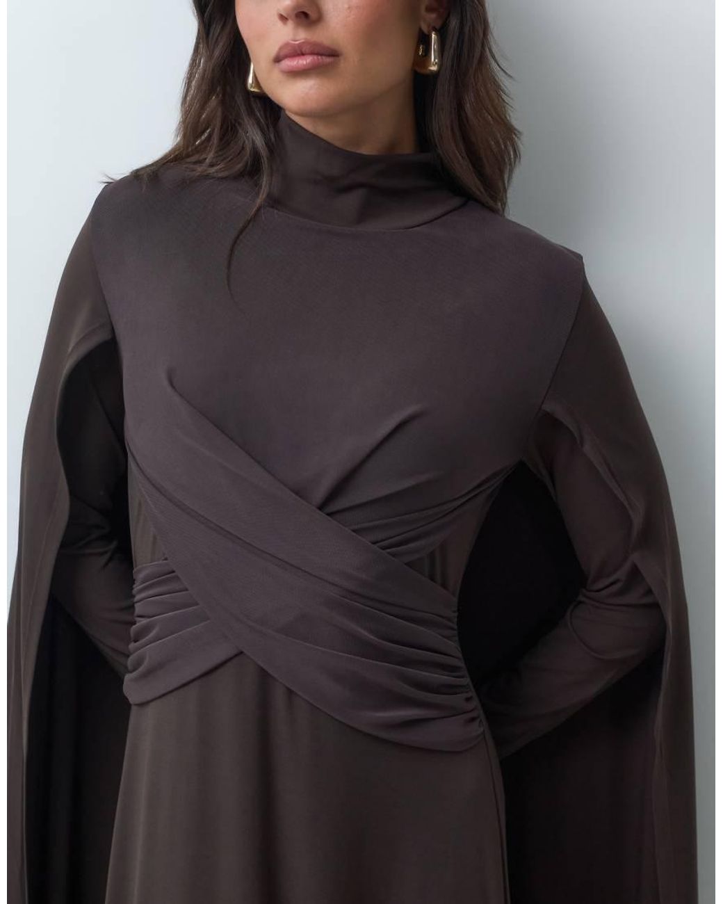 Iyal Black Mesh Cross Front Cape Detail Maxi Dress