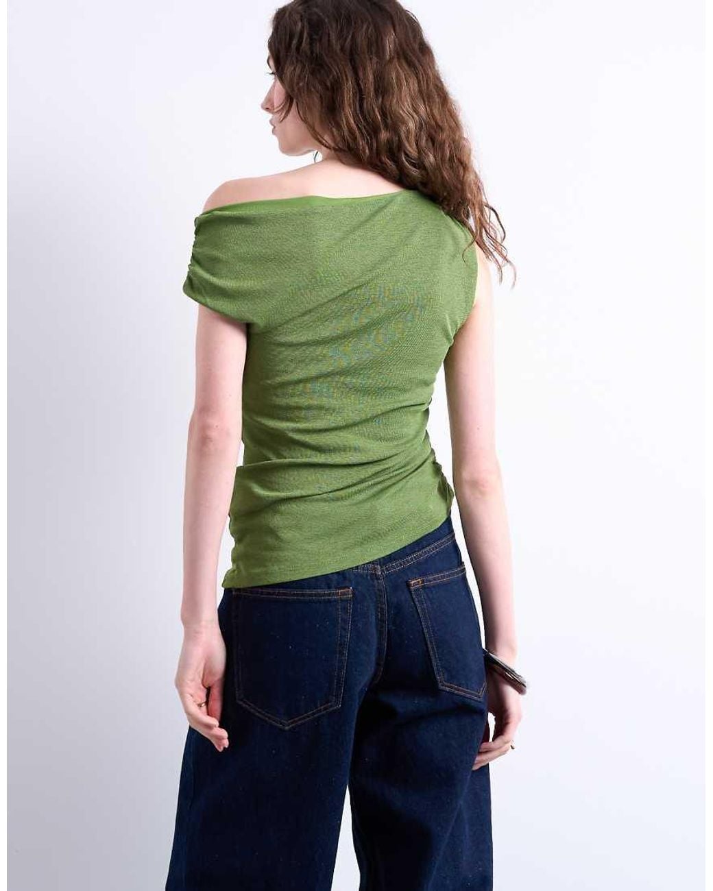 TOPSHOP Green Draped Asymmetric Shoulder Top