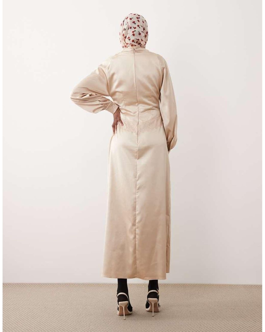 ASOS Natural Satin High Neck Lace Detail Maxi Dress