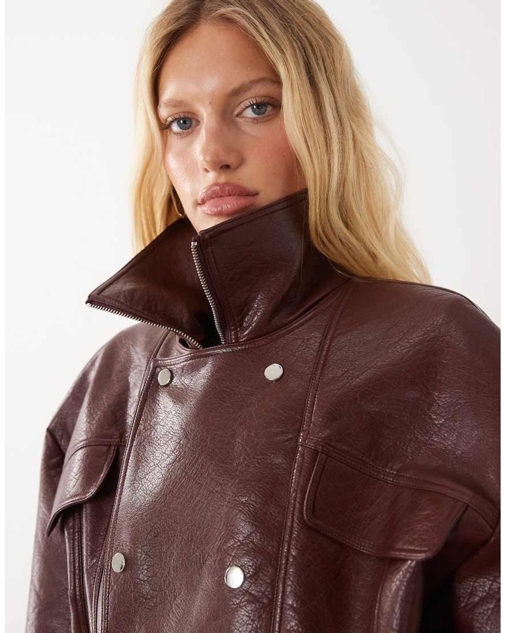 Kaiia Brown Exclusive Faux Leather Funnel Neck Bomber Jacket