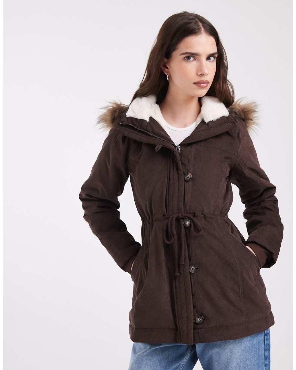 Hollister Brown Teddy Lined Parka Coat With Fur Hood