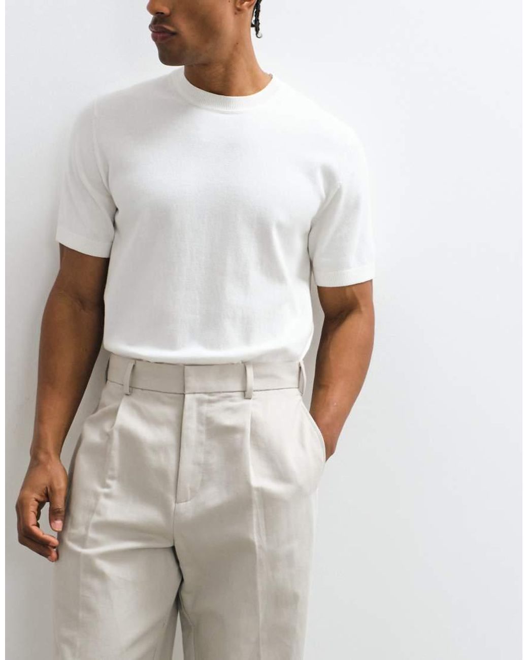 ASOS Natural Smart Pleated Linen Rich Wide Leg Pants for men