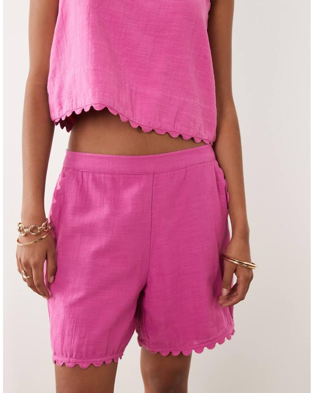 Vila Pink Cotton Scallop Trim Shorts Co-ord