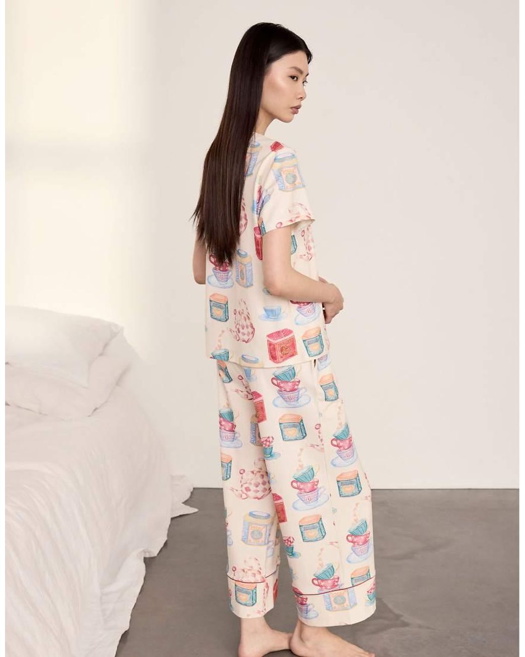 Chelsea Peers Natural Cotton Tea Party Print Long Pyjama Set