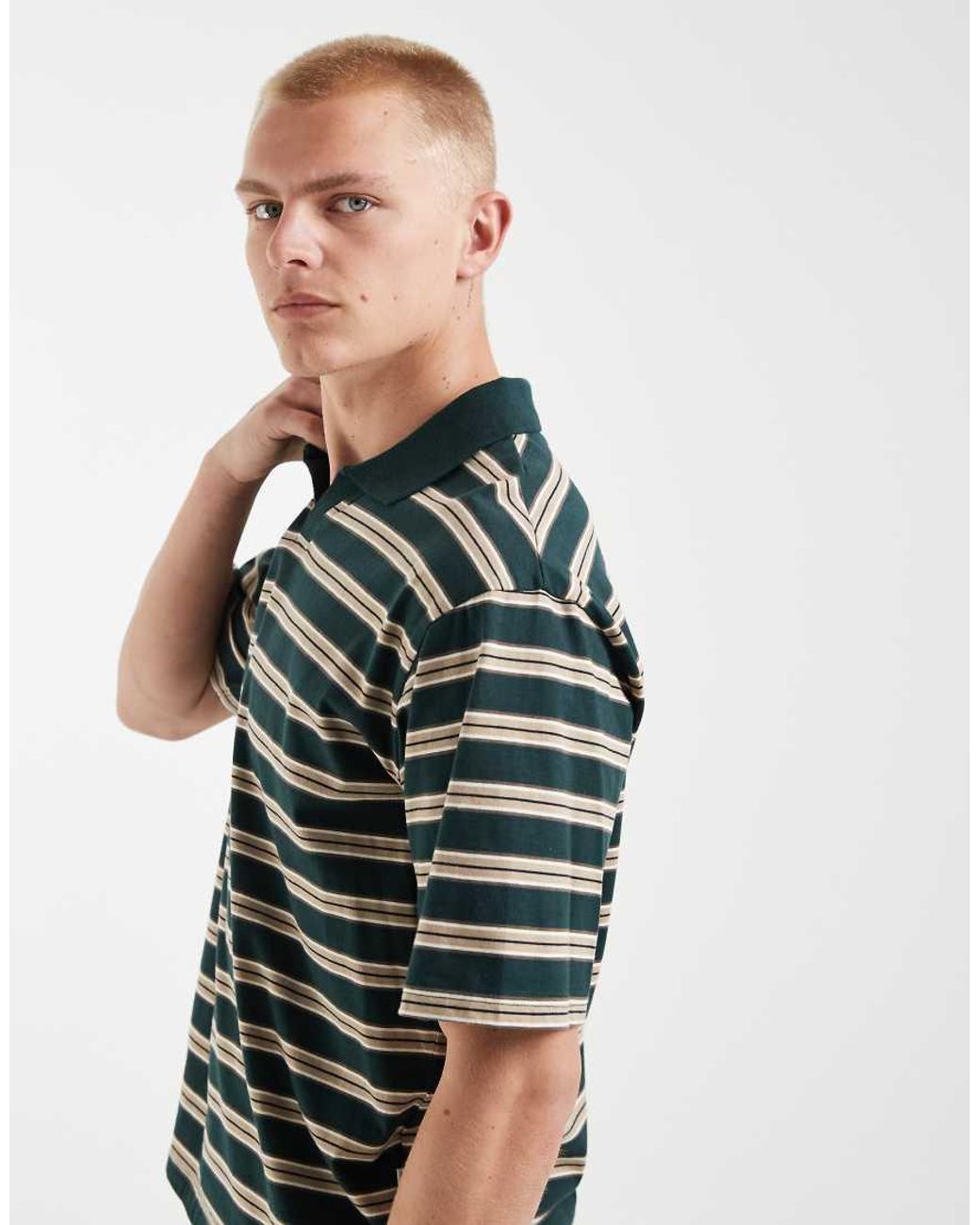 Redefined Rebel Green Boxy Oversized Striped Polo Shirt for men