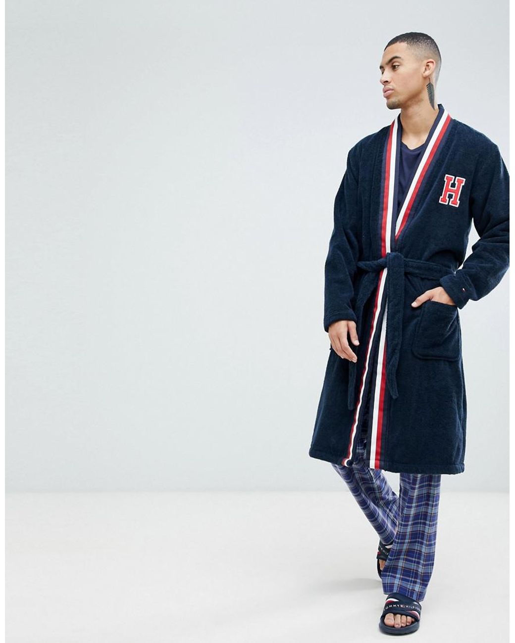 Tommy Hilfiger Dressing Gown With H Logo And Stripe Shawl Collar In Navy in  Blue for Men | Lyst