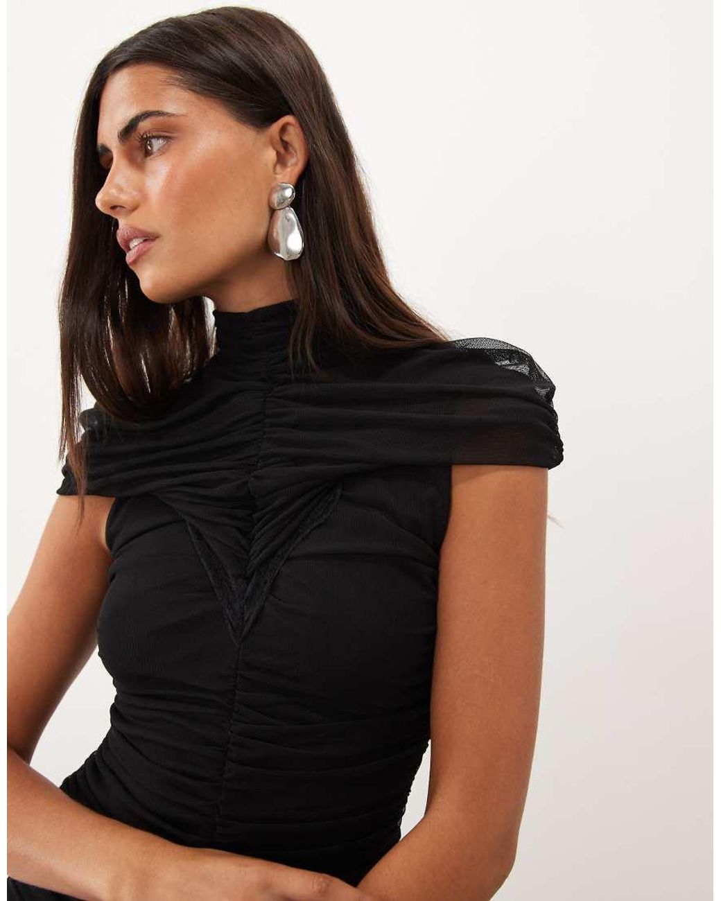 TFNC London Black Mesh High Neck Maxi Dress With Ruched Detail
