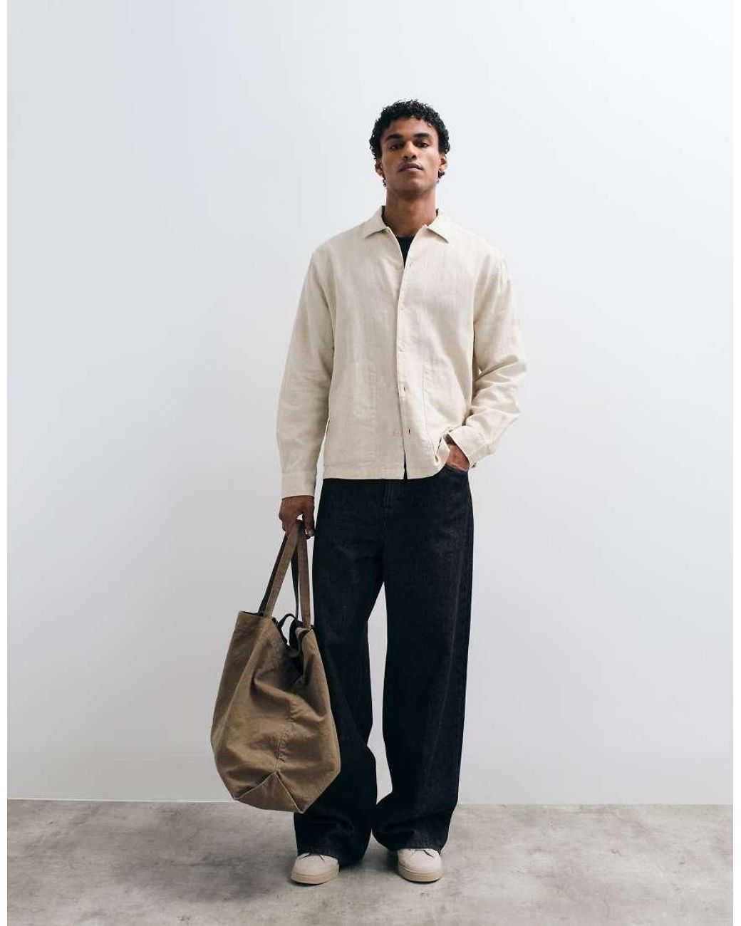ASOS Natural Relaxed Linen Blend Shirt With Double Pockets for men