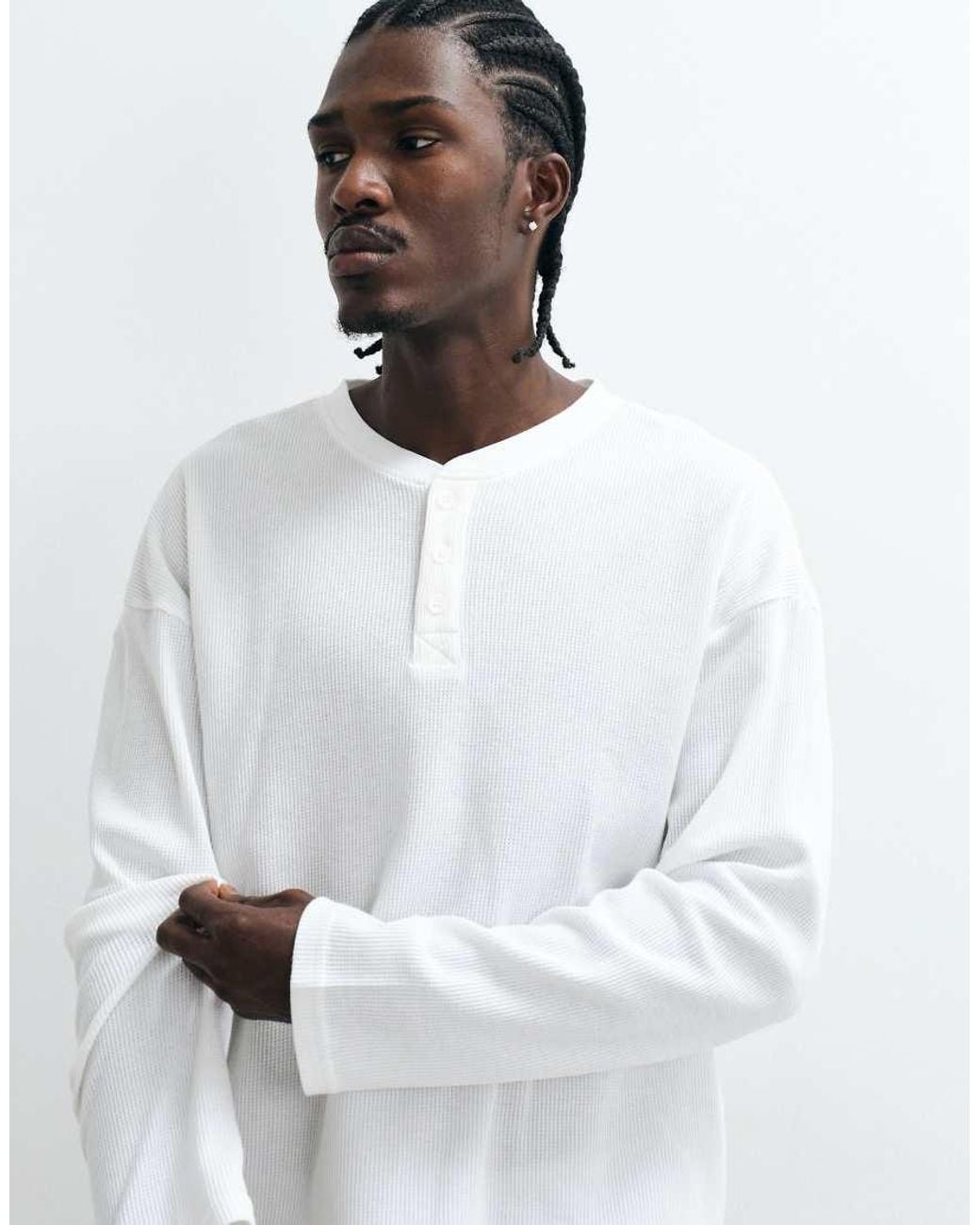 Cotton On White Relaxed Fit Textured Henley Long Sleeve Top for men