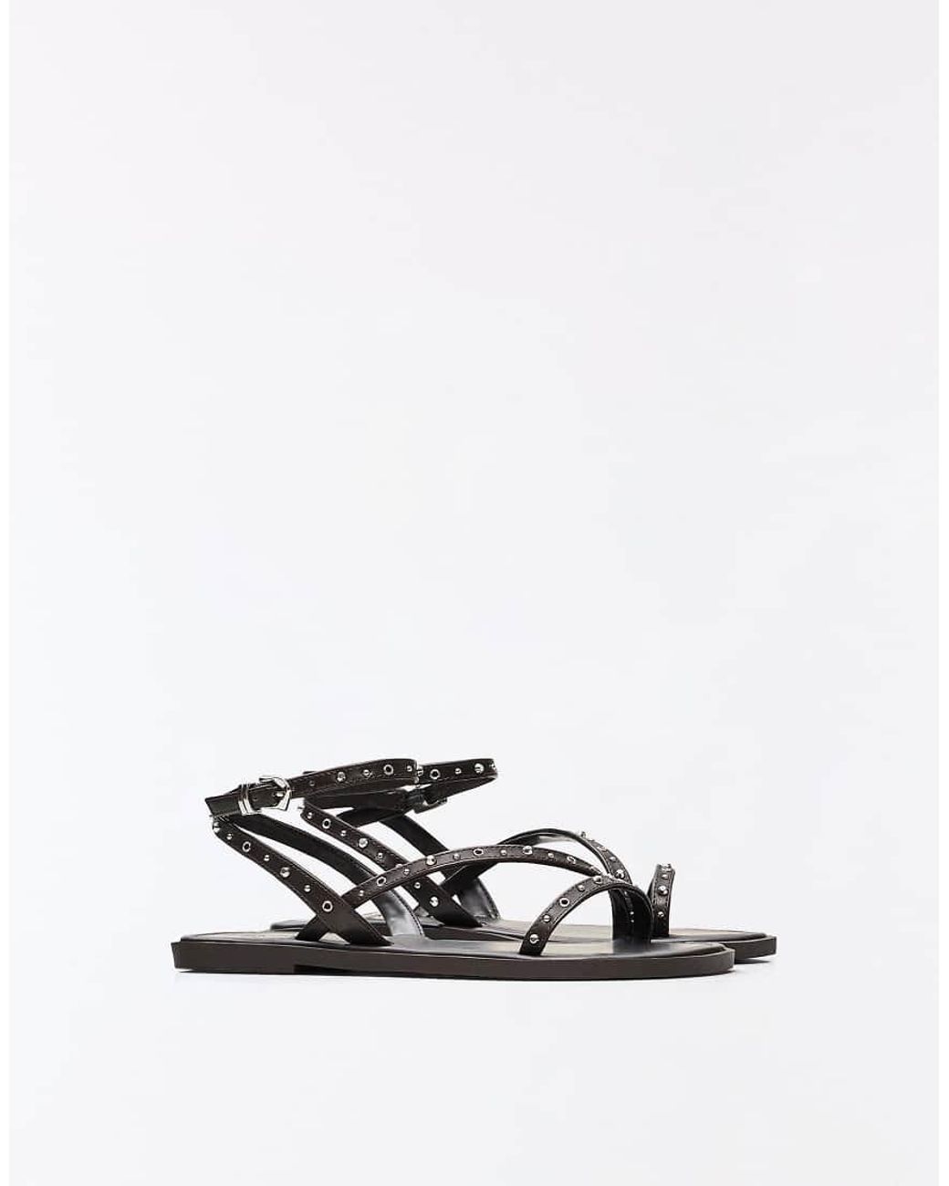Bershka Brown Multi-strap Studded Flat Slider Sandals