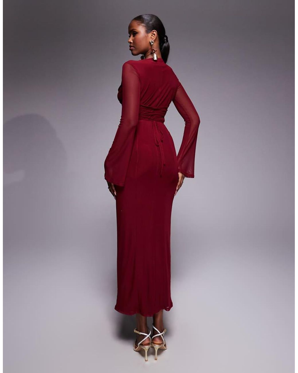 ASOS Red Mesh Angel Sleeve Lace Up Back Long Sleeve Maxi Dress