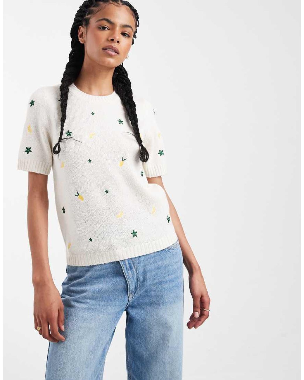 Threadbare Natural Knitted Tee With Lemon Embroidery