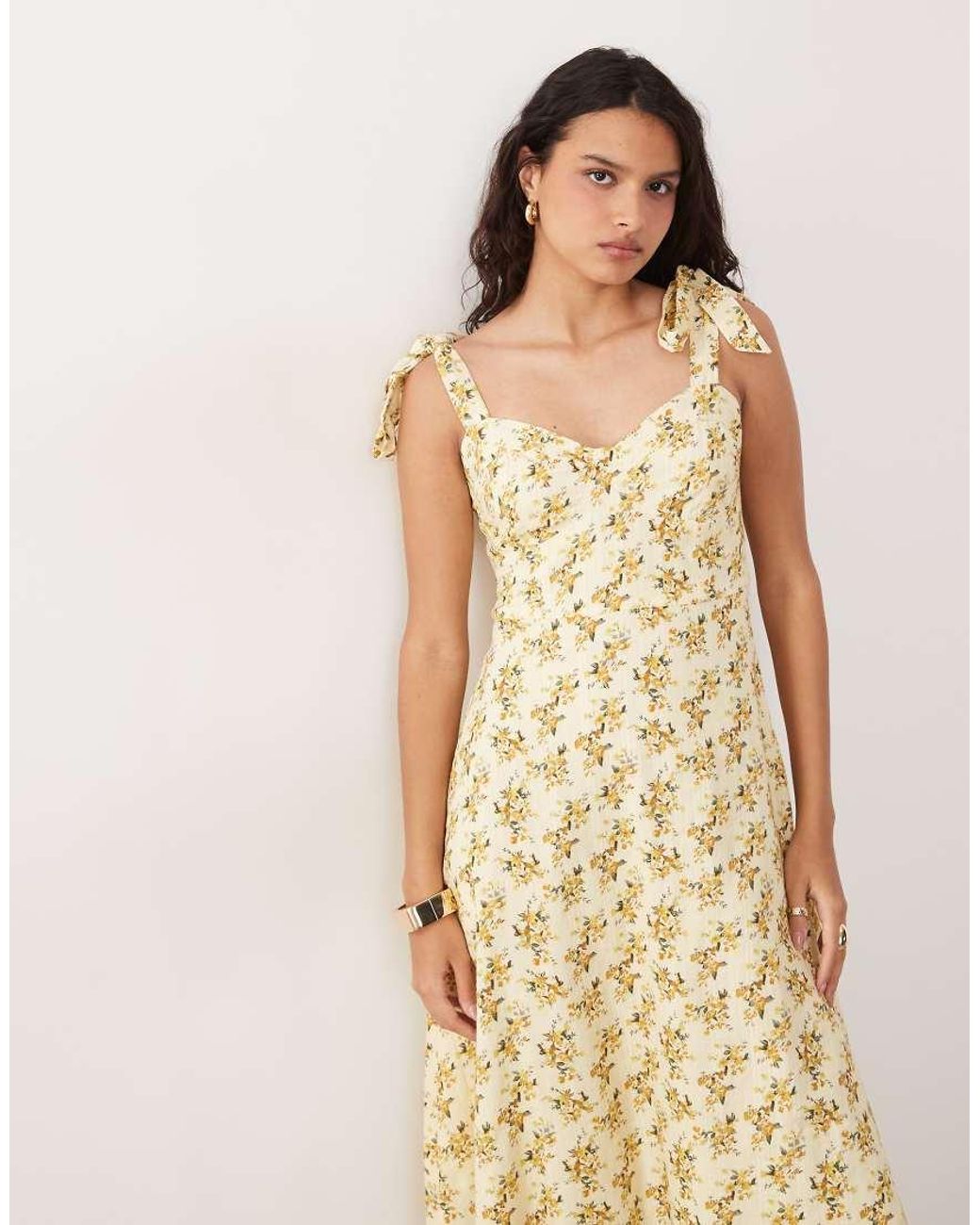 Y.A.S Natural Tie Shoulder Ditsy Floral Print Maxi Dress