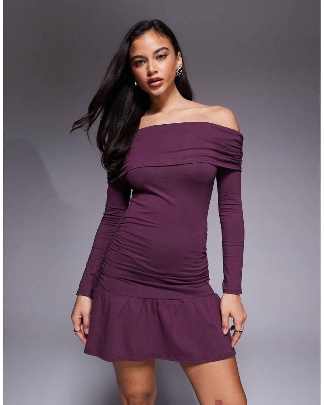 Fashionkilla Exclusive Cotton Rich Bardot Ruched Drop Waist Ruffle Hem Mini  Dress in Purple