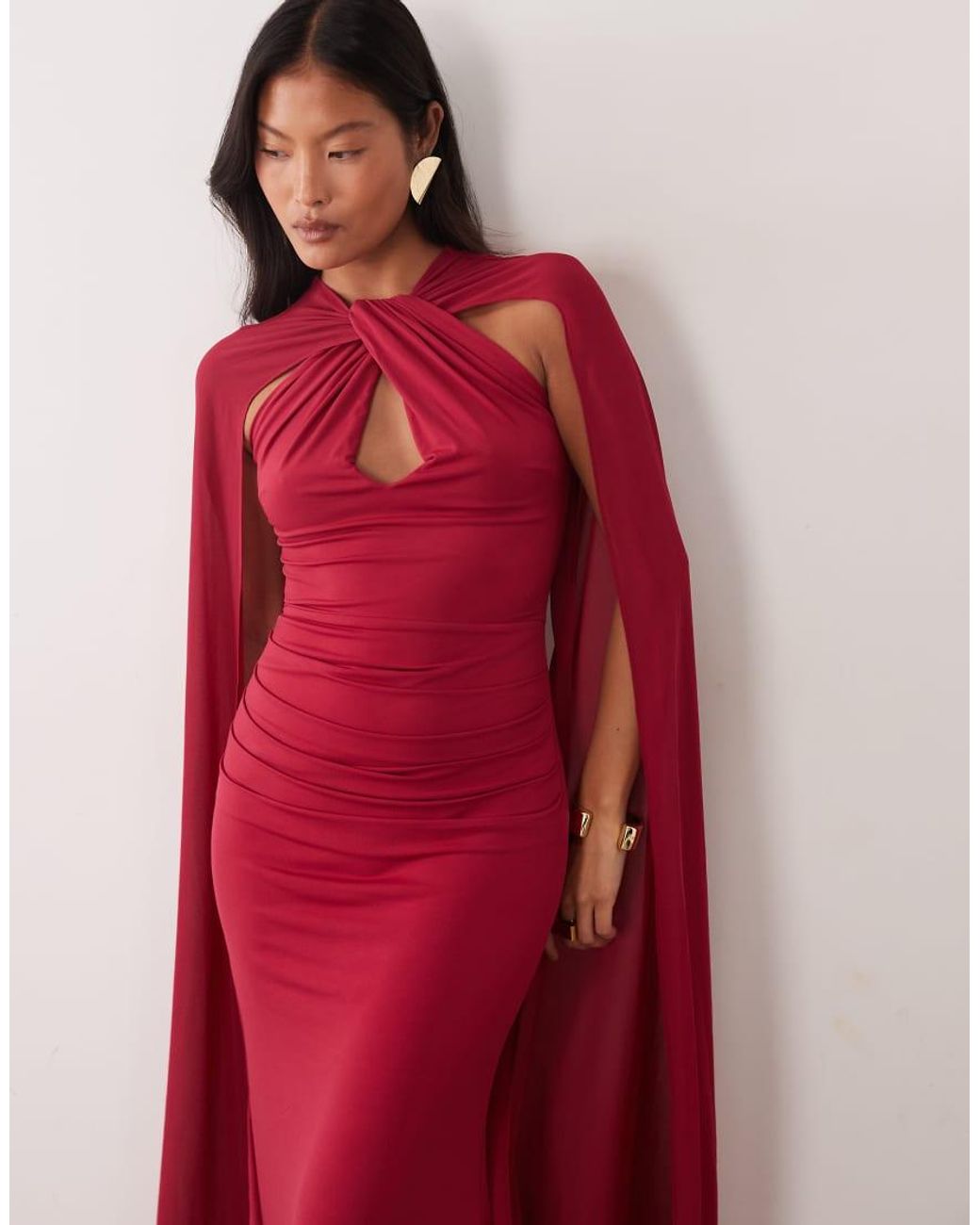 TFNC London Red Slinky Halter Neck Keyhole Detail Cape Sleeve Maxi Dress