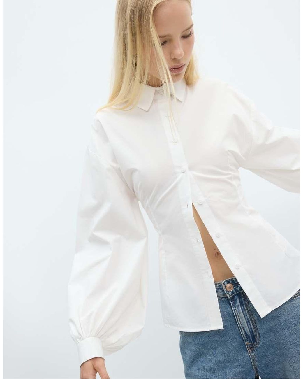 Stradivarius Blue Balloon Sleeve Poplin Shirt