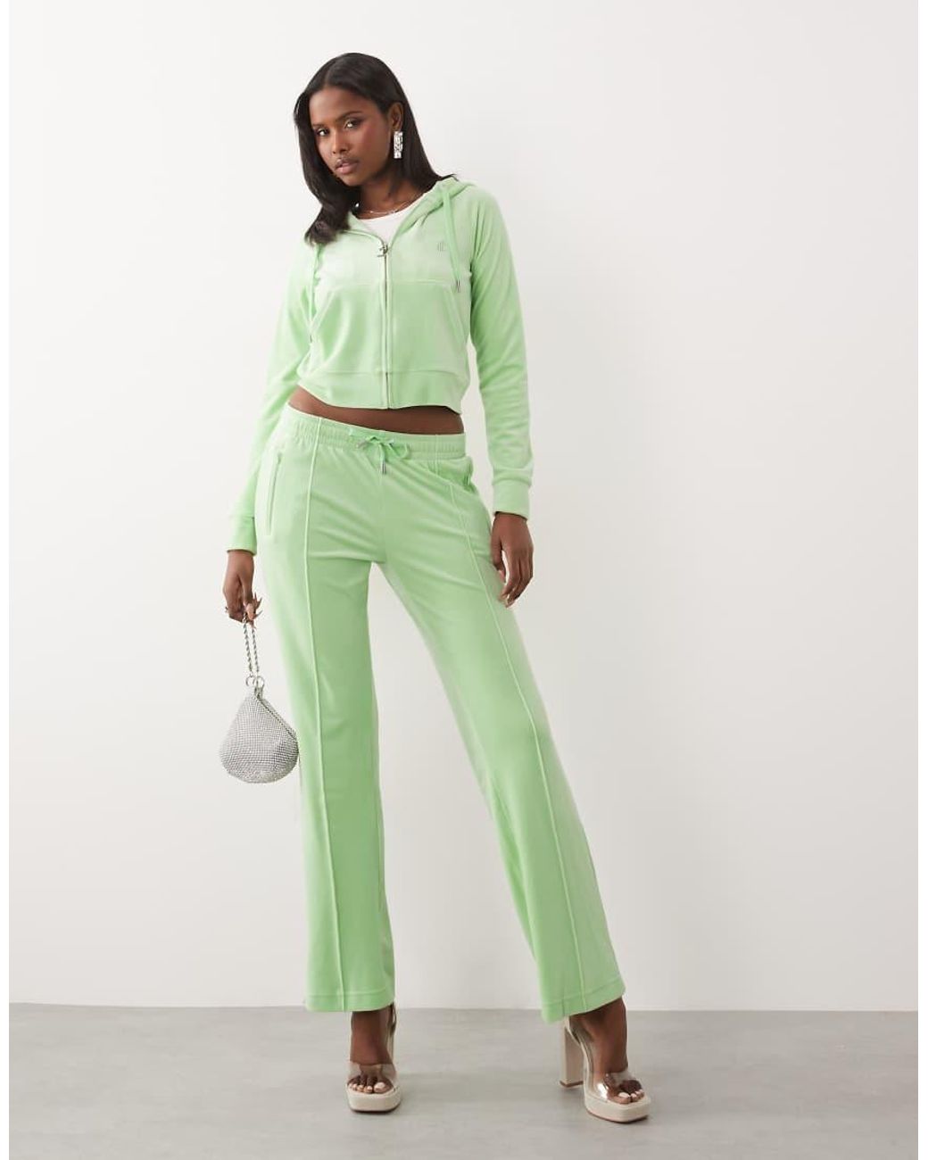Juicy Couture Green Velour Diamante Logo Detail Zip Through Hoodie Co-ord