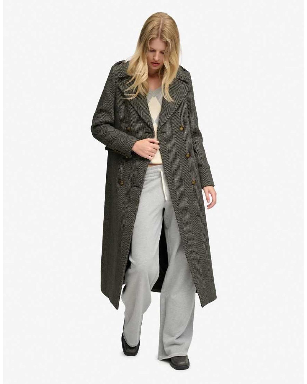 Superdry Gray Double Breasted Wool Blend Coat