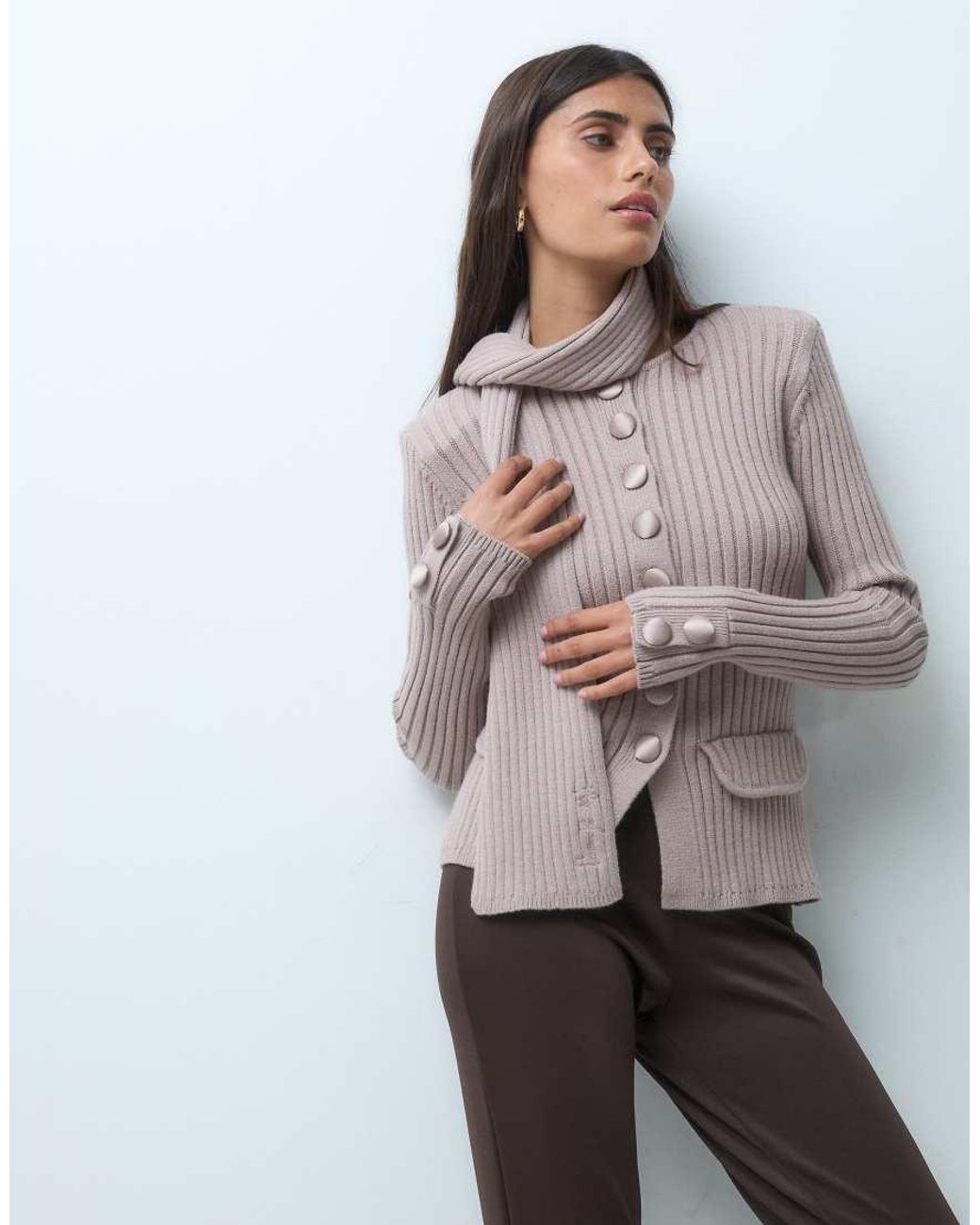 House Of Sunny Gray Power Peggy Classic Rib Knit Button Up Cardigan With Scarf