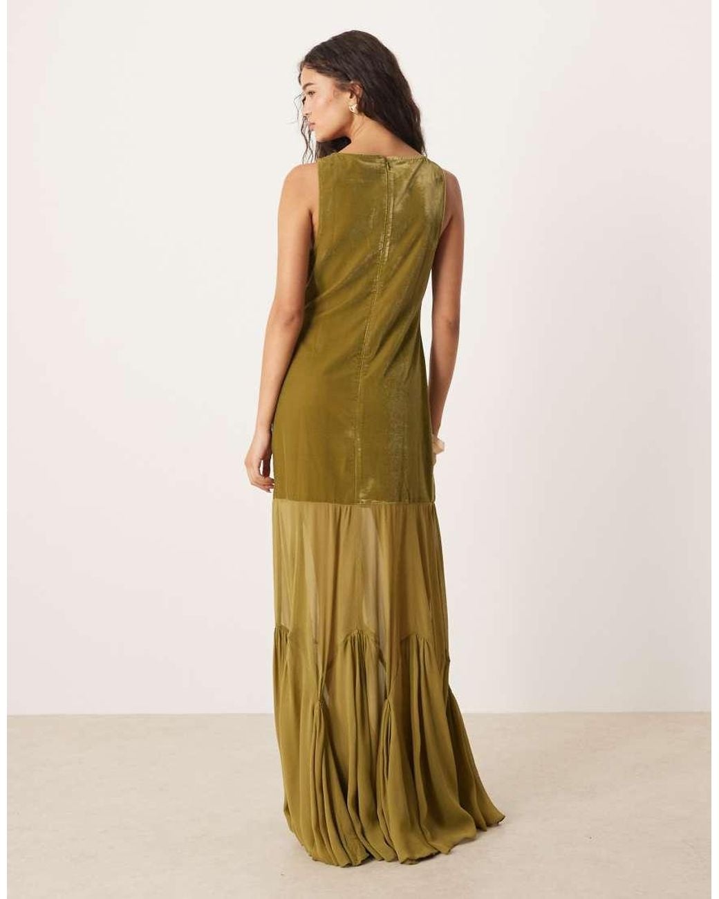 ASOS Green Drop Waist Velvet Maxi Dress With Sheer Godet Skirt