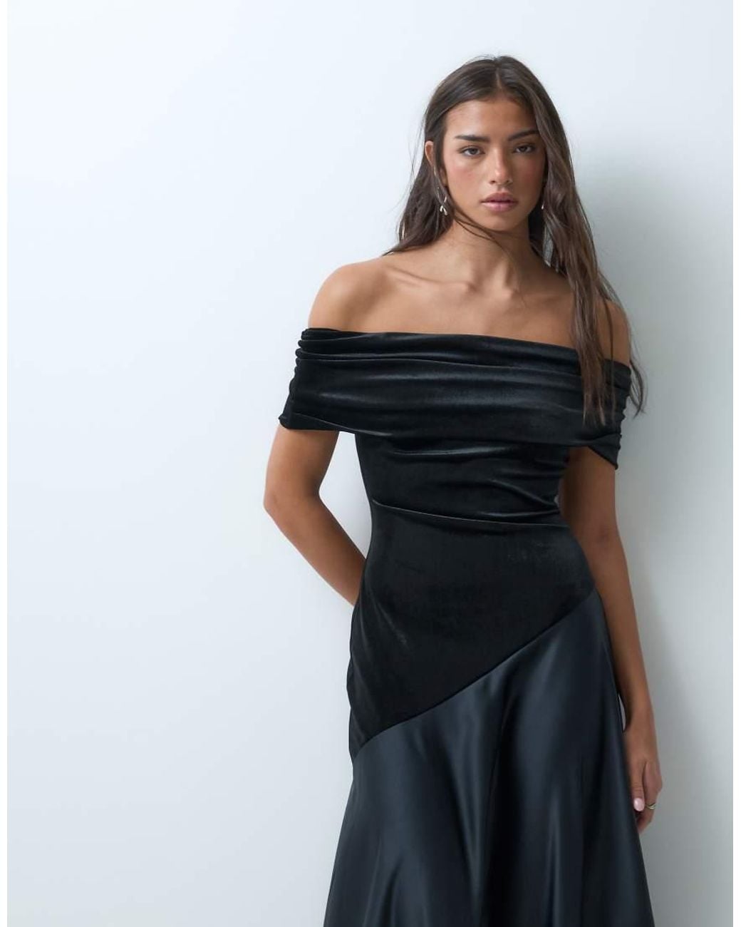 ASOS Velvet Bardot Midi Dress With Asymmetric Satin Skirt in Blue | Lyst UK